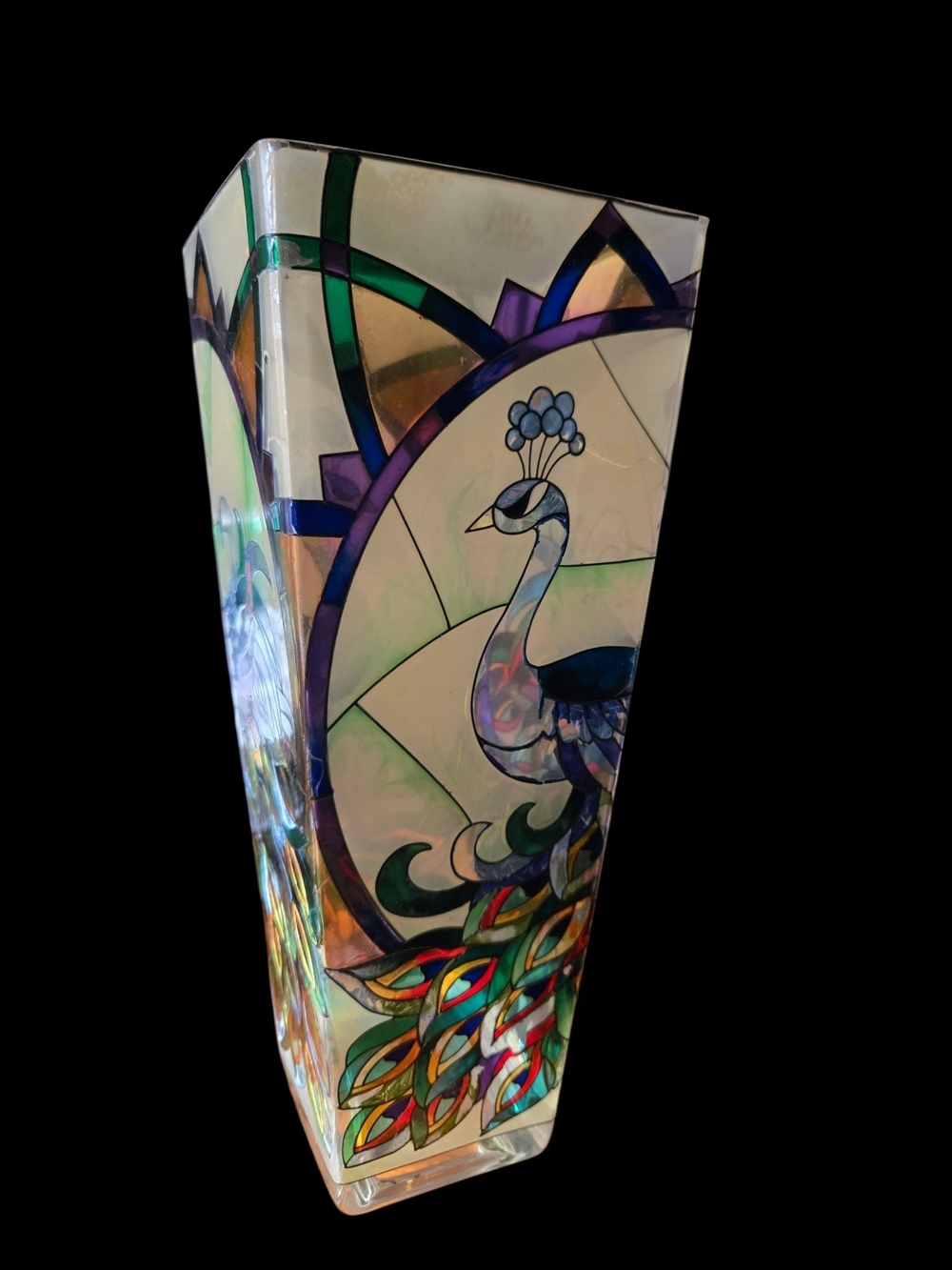 AMIA Hand-Painted Stained Glass Style Peacock Vase